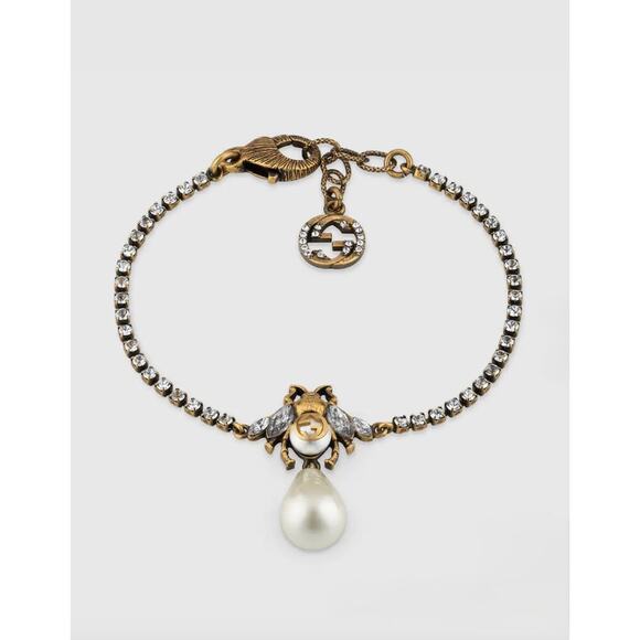 Gucci Bee Bracelet w/ Crystal Chain & Drop Pearl | New in Box - Picture 1 of 3